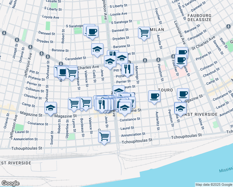 map of restaurants, bars, coffee shops, grocery stores, and more near 1101 Napoleon Avenue in New Orleans