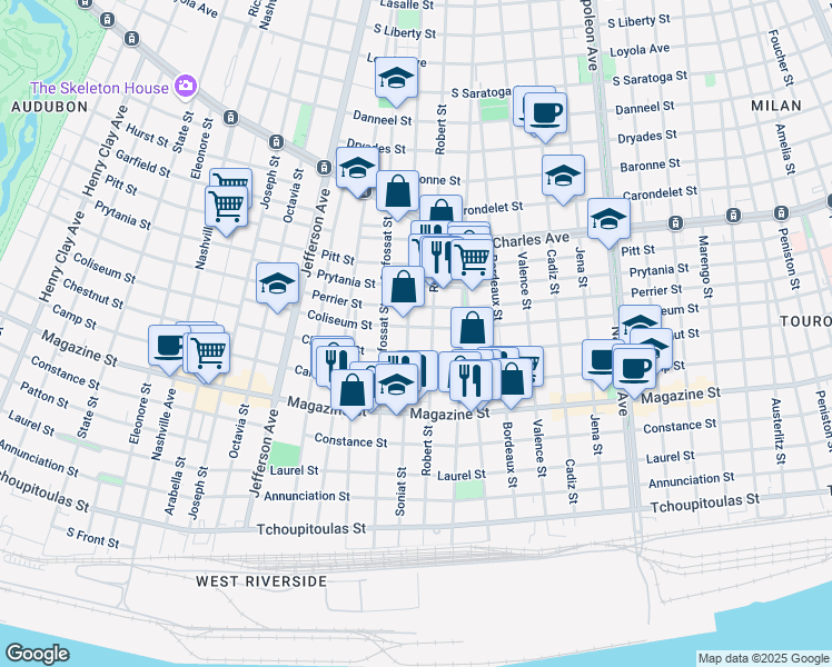 map of restaurants, bars, coffee shops, grocery stores, and more near 1217 Soniat Street in New Orleans