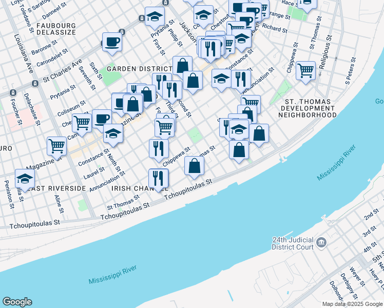 map of restaurants, bars, coffee shops, grocery stores, and more near 625 Third Street in New Orleans