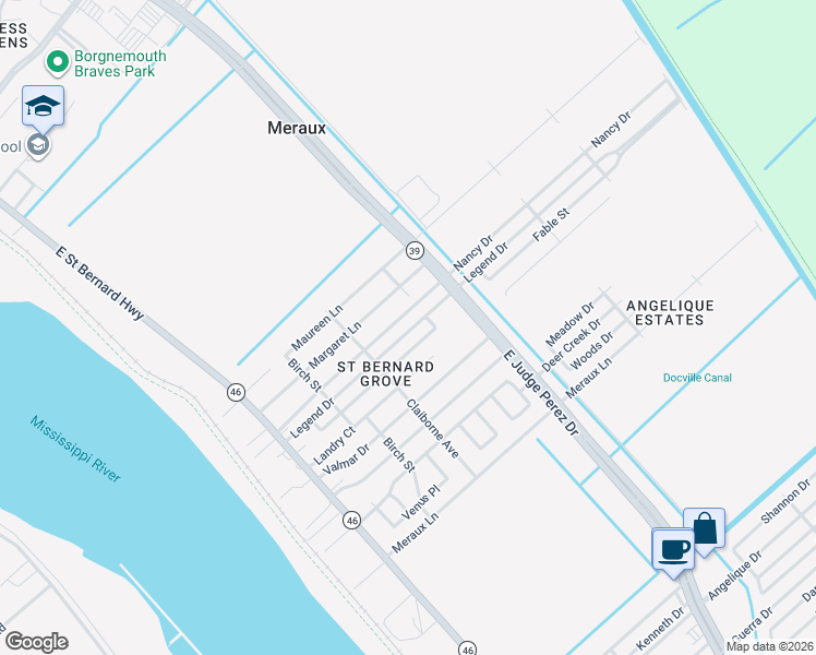 map of restaurants, bars, coffee shops, grocery stores, and more near 2408 Legend Street in Meraux