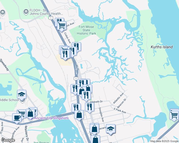 map of restaurants, bars, coffee shops, grocery stores, and more near 1015 Bella Vista Boulevard in St. Augustine