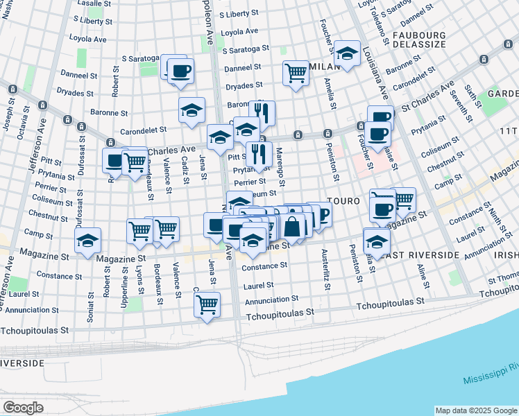 map of restaurants, bars, coffee shops, grocery stores, and more near 4213 Chestnut Street in New Orleans