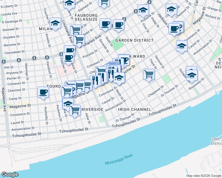 map of restaurants, bars, coffee shops, grocery stores, and more near 3127 Constance Street in New Orleans