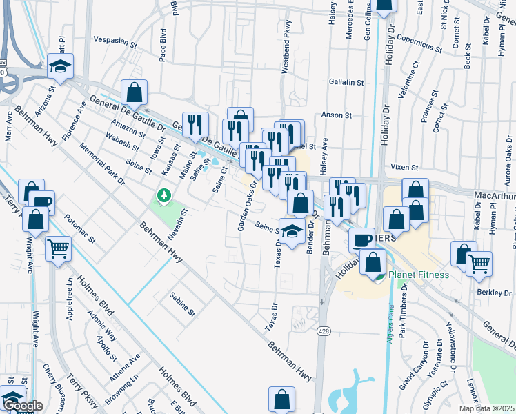 map of restaurants, bars, coffee shops, grocery stores, and more near 3621 General De Gaulle Drive in New Orleans