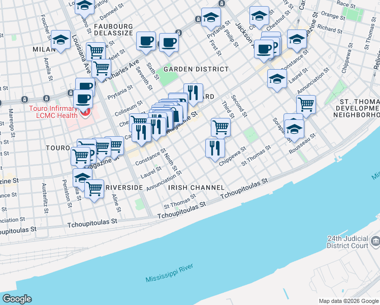map of restaurants, bars, coffee shops, grocery stores, and more near 914 Seventh Street in New Orleans