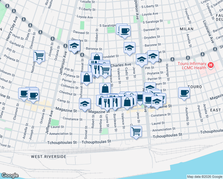 map of restaurants, bars, coffee shops, grocery stores, and more near 1200 Bordeaux Street in New Orleans