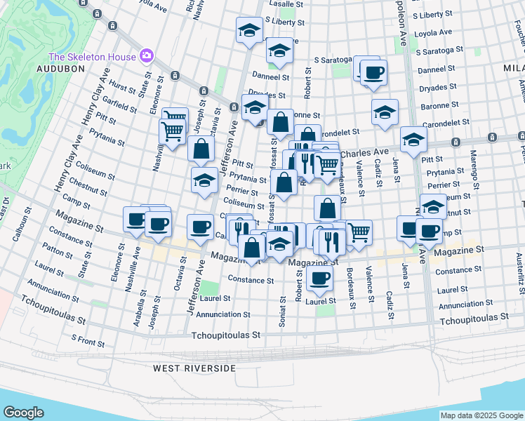 map of restaurants, bars, coffee shops, grocery stores, and more near 5201 Coliseum Street in New Orleans