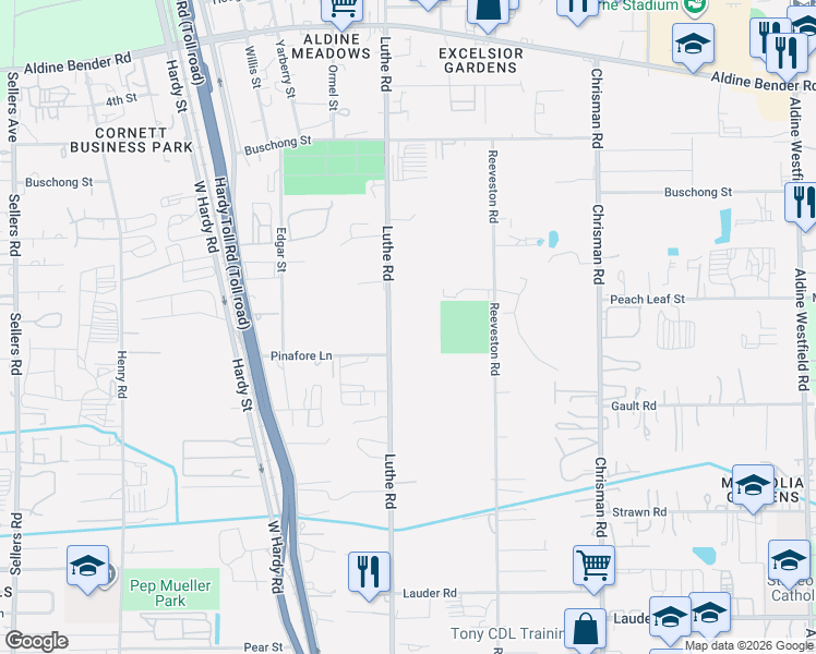 map of restaurants, bars, coffee shops, grocery stores, and more near 14242 Luthe Road in Houston