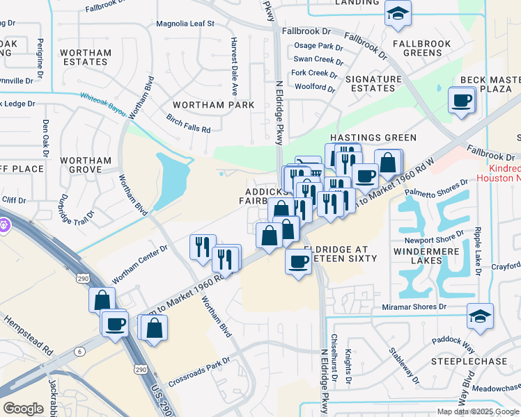 map of restaurants, bars, coffee shops, grocery stores, and more near 10331 North Eldridge Parkway in Houston
