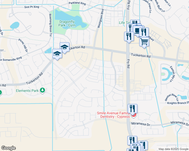 map of restaurants, bars, coffee shops, grocery stores, and more near 9690 Fry Road in Cypress