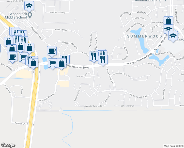 map of restaurants, bars, coffee shops, grocery stores, and more near 13906 Marigold Bloom Lane in Houston