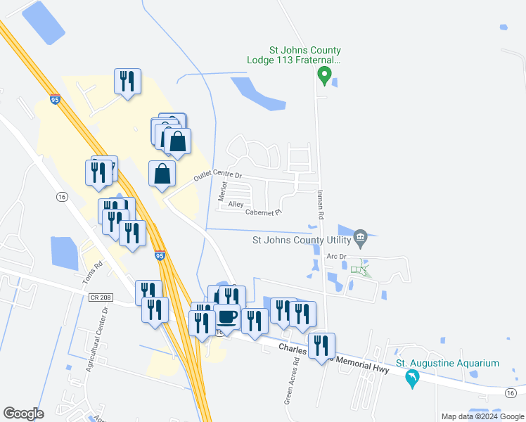 map of restaurants, bars, coffee shops, grocery stores, and more near 211 Crete Court in Saint Augustine