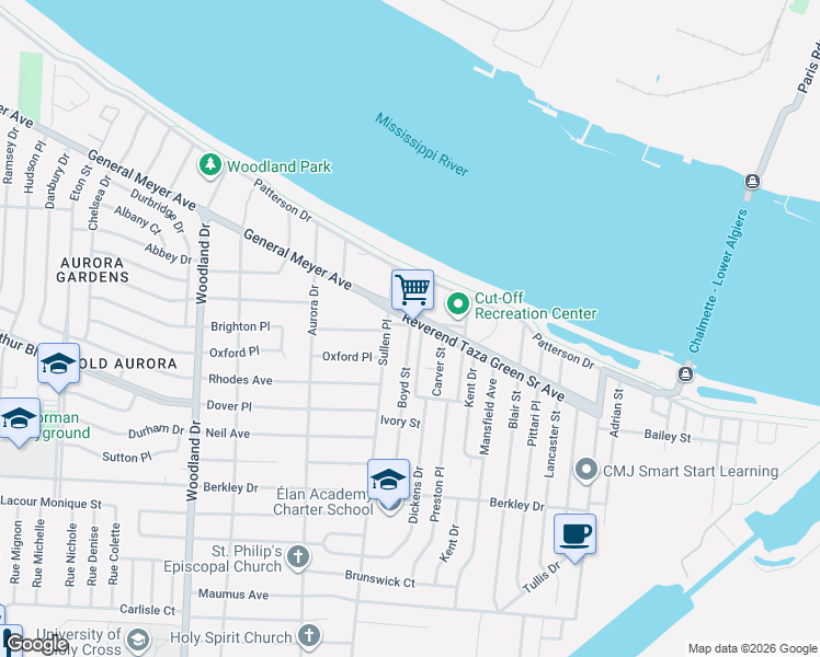 map of restaurants, bars, coffee shops, grocery stores, and more near 2800 Sullen Place in New Orleans