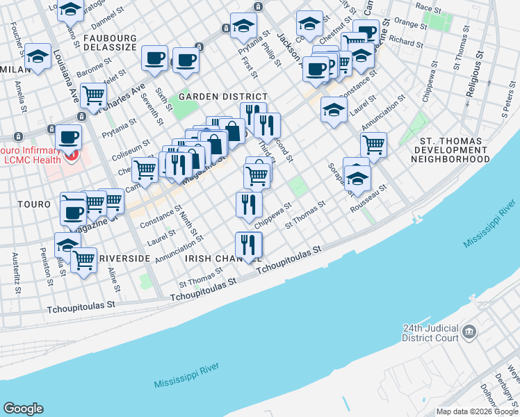 map of restaurants, bars, coffee shops, grocery stores, and more near 2815 Annunciation Street in New Orleans