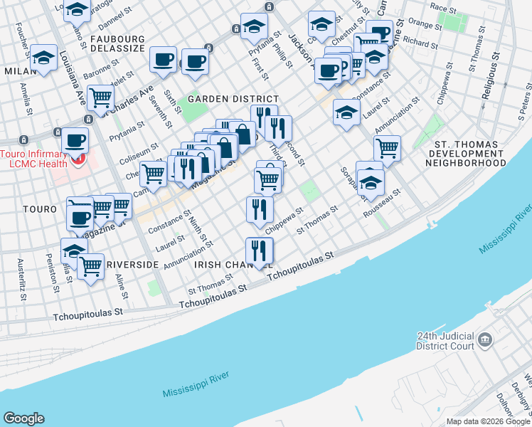 map of restaurants, bars, coffee shops, grocery stores, and more near 2815 Annunciation Street in New Orleans