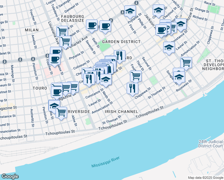 map of restaurants, bars, coffee shops, grocery stores, and more near 914 Seventh Street in New Orleans