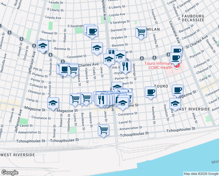 map of restaurants, bars, coffee shops, grocery stores, and more near 1132 Napoleon Avenue in New Orleans