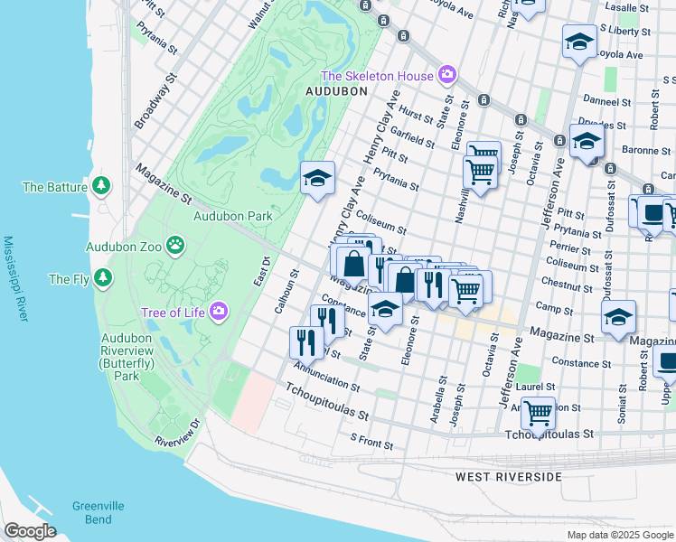 map of restaurants, bars, coffee shops, grocery stores, and more near 839 Webster Street in New Orleans