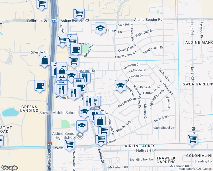 map of restaurants, bars, coffee shops, grocery stores, and more near 15380 Chipman Lane in Houston