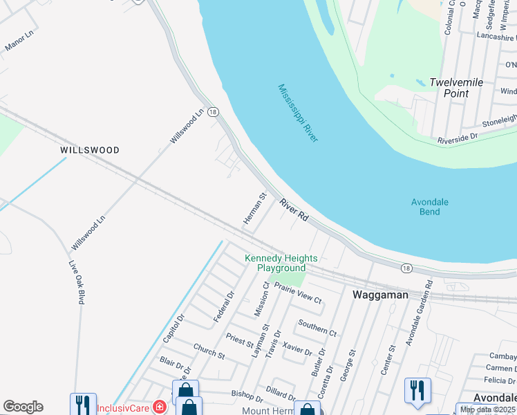 map of restaurants, bars, coffee shops, grocery stores, and more near 138 Herman Street in Westwego