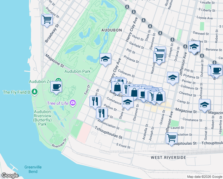 map of restaurants, bars, coffee shops, grocery stores, and more near 808 Henry Clay Avenue in New Orleans