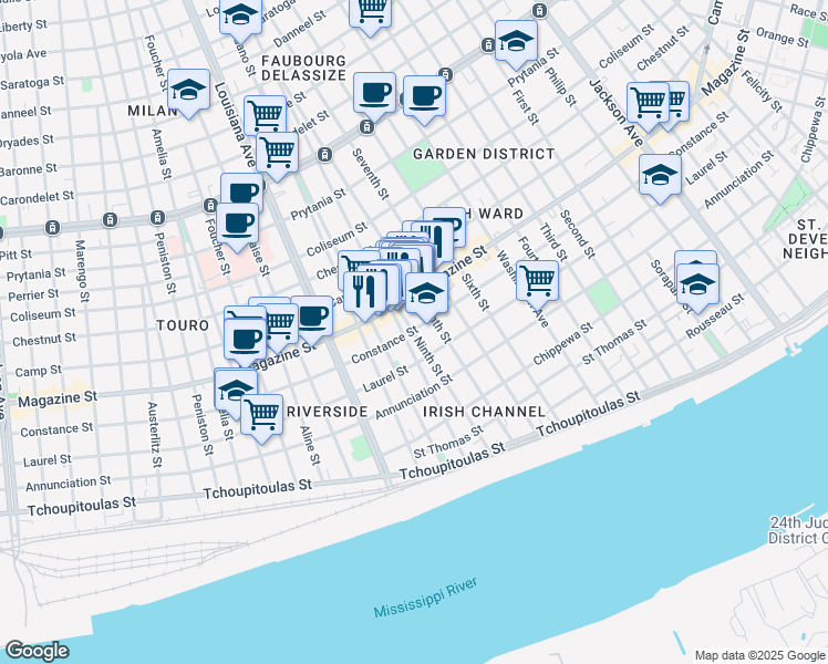 map of restaurants, bars, coffee shops, grocery stores, and more near 3128 Constance Street in New Orleans