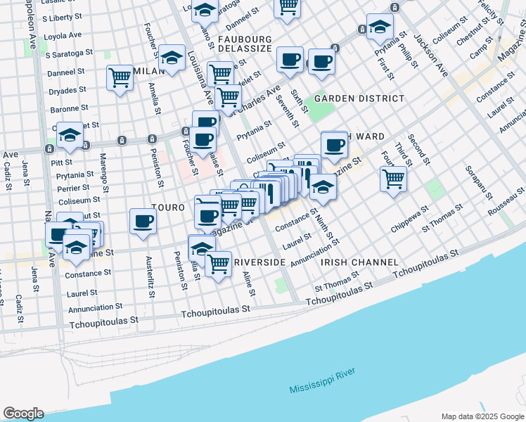 map of restaurants, bars, coffee shops, grocery stores, and more near 3317 Magazine Street in New Orleans