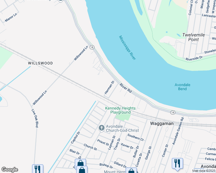 map of restaurants, bars, coffee shops, grocery stores, and more near 138 Herman Street in Westwego