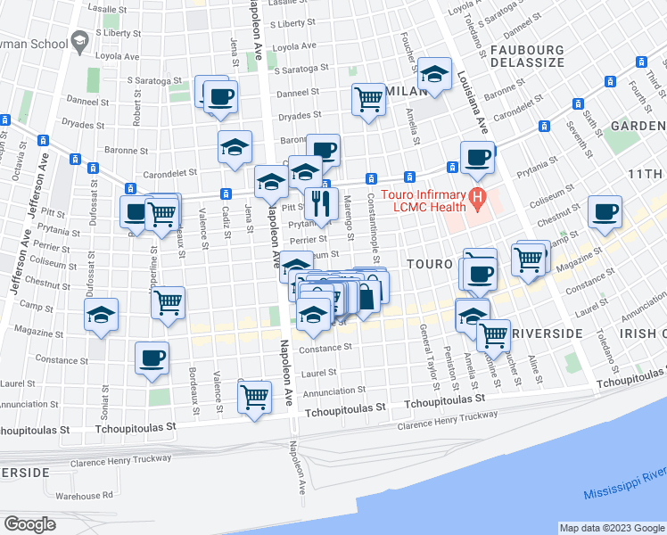 map of restaurants, bars, coffee shops, grocery stores, and more near 1111 Milan Street in New Orleans