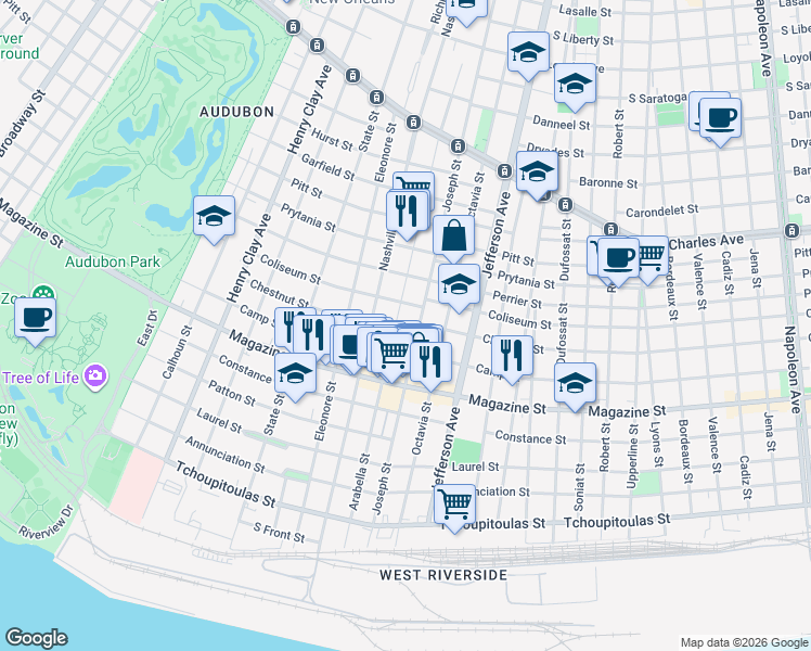 map of restaurants, bars, coffee shops, grocery stores, and more near 1021 Arabella Street in New Orleans