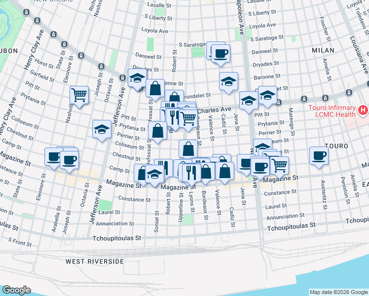map of restaurants, bars, coffee shops, grocery stores, and more near 1200 Upperline Street in New Orleans