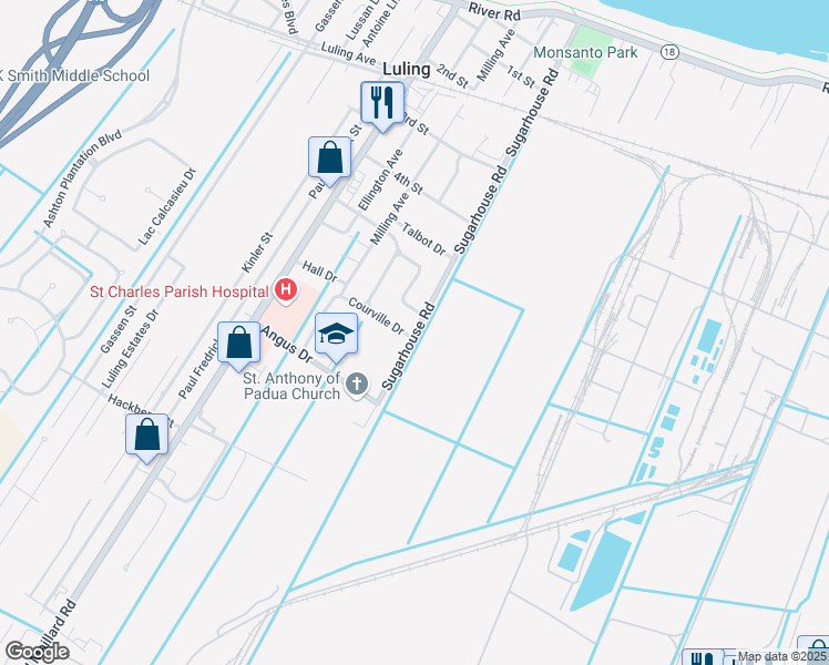 map of restaurants, bars, coffee shops, grocery stores, and more near 904 Sugarhouse Road in Luling