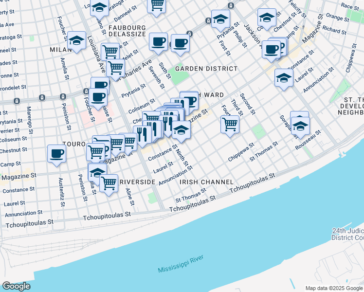 map of restaurants, bars, coffee shops, grocery stores, and more near 3128 Constance Street in New Orleans