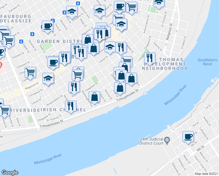 map of restaurants, bars, coffee shops, grocery stores, and more near 2418 Saint Thomas Street in New Orleans