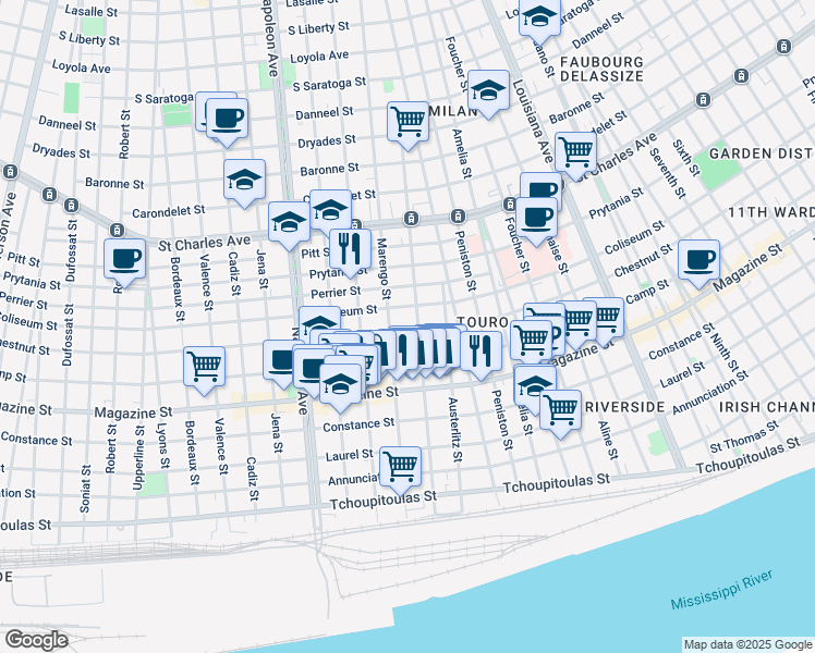 map of restaurants, bars, coffee shops, grocery stores, and more near 1112 Constantinople Street in New Orleans
