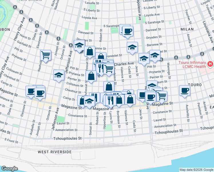 map of restaurants, bars, coffee shops, grocery stores, and more near 1200 Upperline Street in New Orleans
