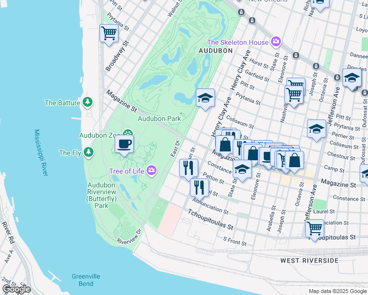 map of restaurants, bars, coffee shops, grocery stores, and more near 6316 Magazine Street in New Orleans