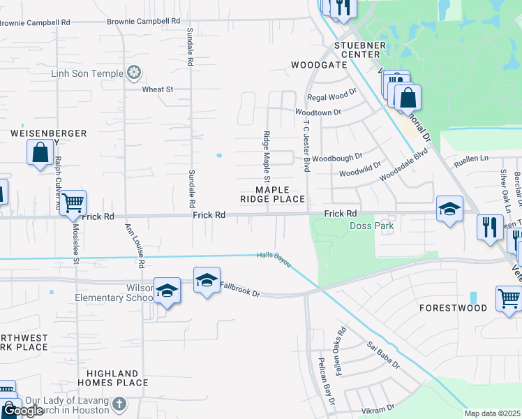 map of restaurants, bars, coffee shops, grocery stores, and more near 2755 Packard Elm Street in Houston