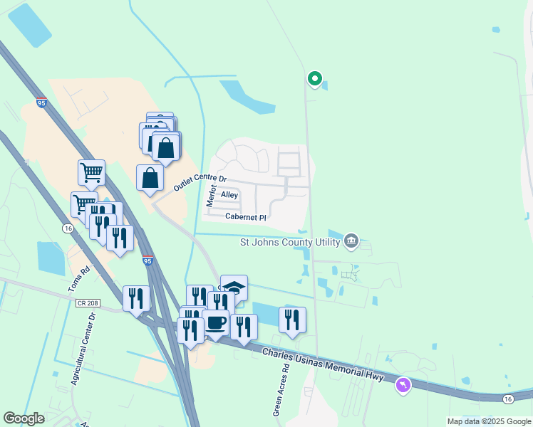 map of restaurants, bars, coffee shops, grocery stores, and more near 614 CABERNET Place in St. Augustine
