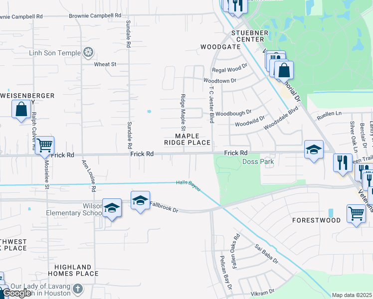 map of restaurants, bars, coffee shops, grocery stores, and more near 2755 Packard Elm Street in Houston