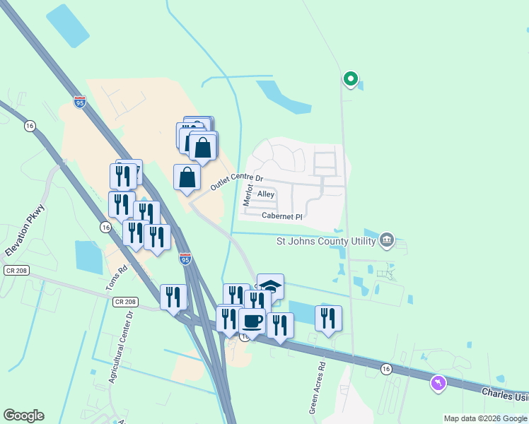 map of restaurants, bars, coffee shops, grocery stores, and more near 478 Alley in St. Augustine