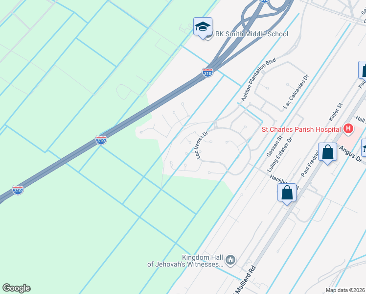 map of restaurants, bars, coffee shops, grocery stores, and more near 119 Lac Segnette Drive in Luling