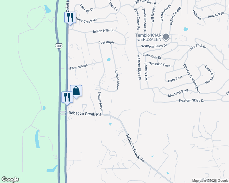 map of restaurants, bars, coffee shops, grocery stores, and more near 5047 Apache Moon in Spring Branch