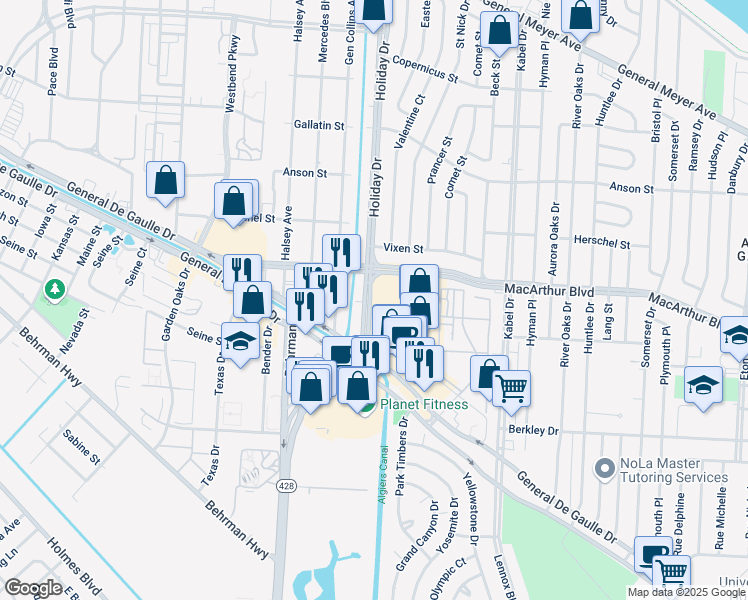 map of restaurants, bars, coffee shops, grocery stores, and more near 3044 Holiday Drive in New Orleans