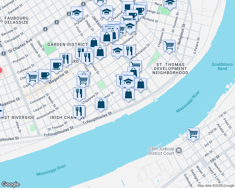 map of restaurants, bars, coffee shops, grocery stores, and more near 2418 Saint Thomas Street in New Orleans