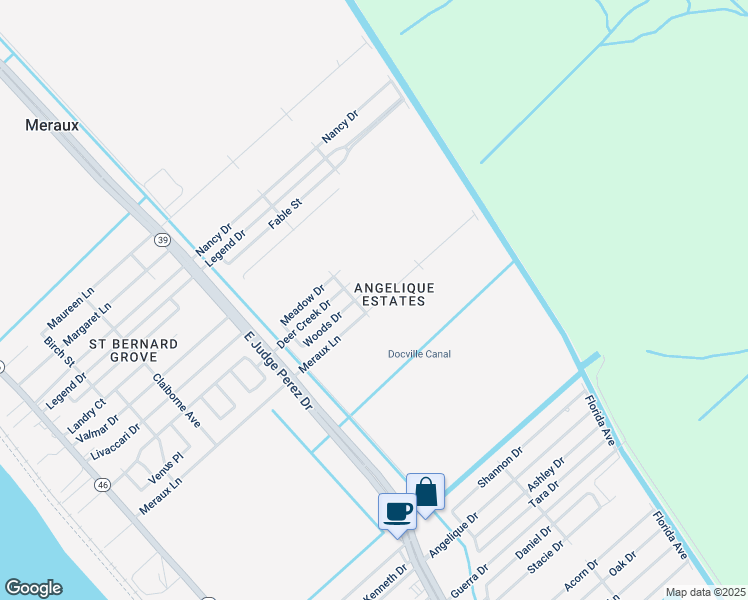 map of restaurants, bars, coffee shops, grocery stores, and more near 3012 Meraux Lane in Violet
