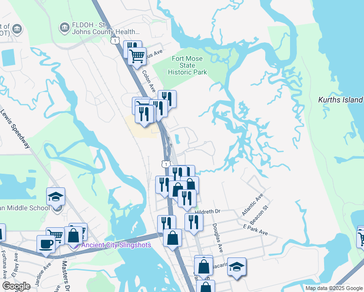 map of restaurants, bars, coffee shops, grocery stores, and more near 1005 Bella Vista Boulevard in St. Augustine