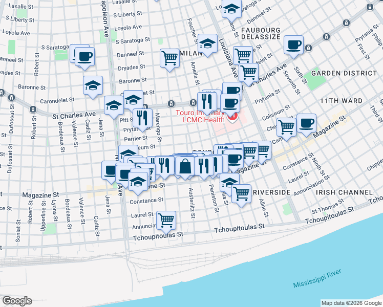 map of restaurants, bars, coffee shops, grocery stores, and more near 1100 General Taylor in New Orleans