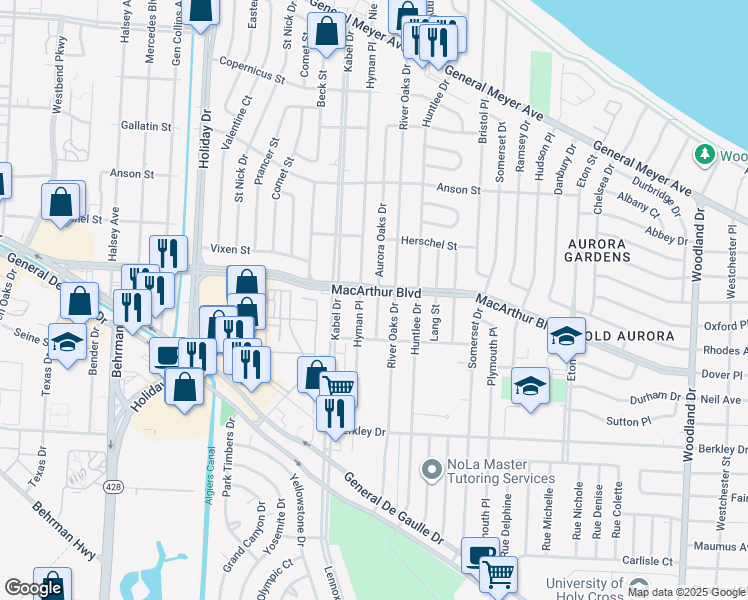 map of restaurants, bars, coffee shops, grocery stores, and more near 700 Aurora Oaks Drive in New Orleans