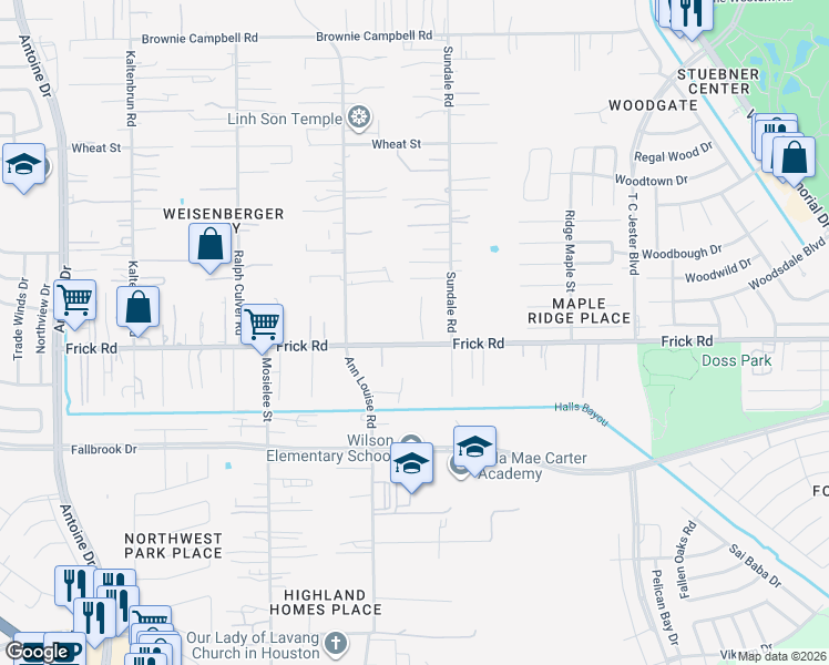 map of restaurants, bars, coffee shops, grocery stores, and more near 3126 Frick Road in Houston